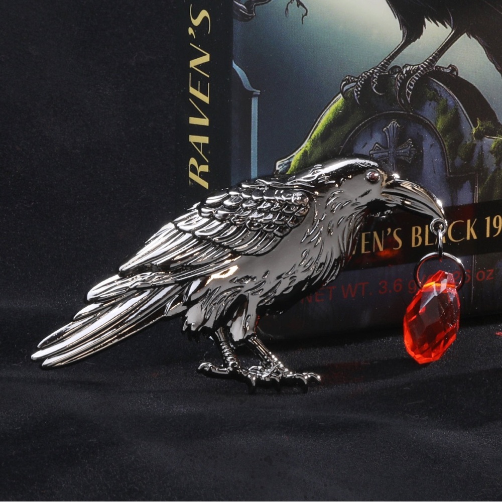 Raven Figurine Pin Brooch with Red Crystal Accent